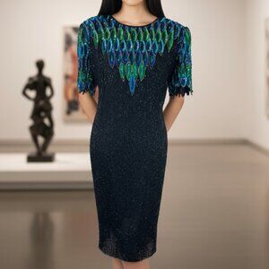 Vintage Stenay Plus 80's Pure Silk Beaded Mini Dress Peacock sz 16 key hole back